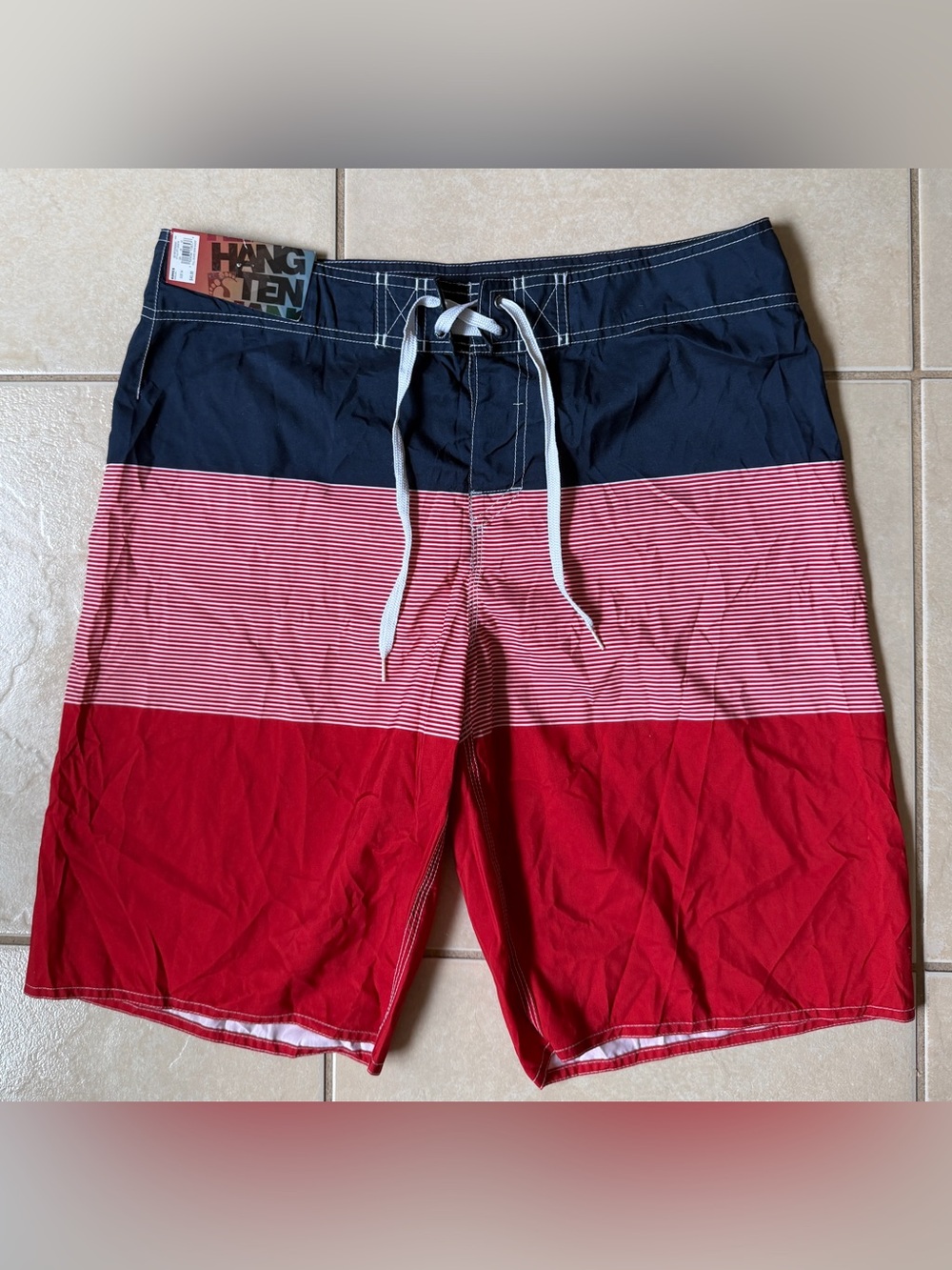 Hang Ten Men's Board Shorts Size 34 Swim Trunks Colorblock Striped Indigo Red